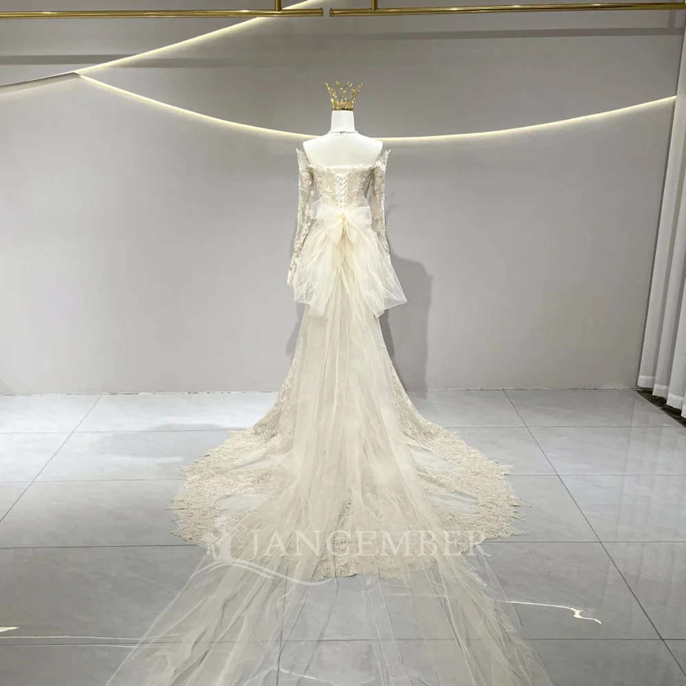 Plus Size Wedding Dresses Long Sleeves Customized Bridal Gown Boat Neck Beach Custom Boho Chic Mermaid Robe Mariee Court Train