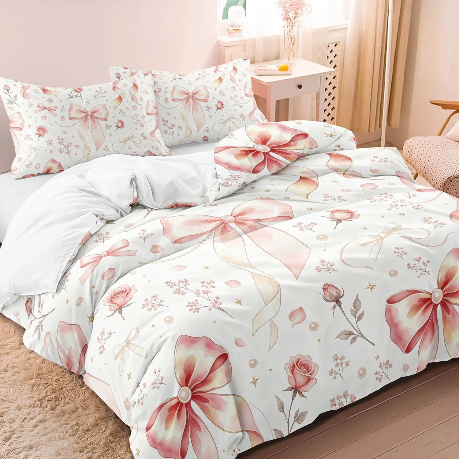 3pcs Aesthetic Pink Ribbon Bow Duvet Cover Set, Rose Tiny Flower Print Bedding, For Family Bedrooms Dormitories Hotels