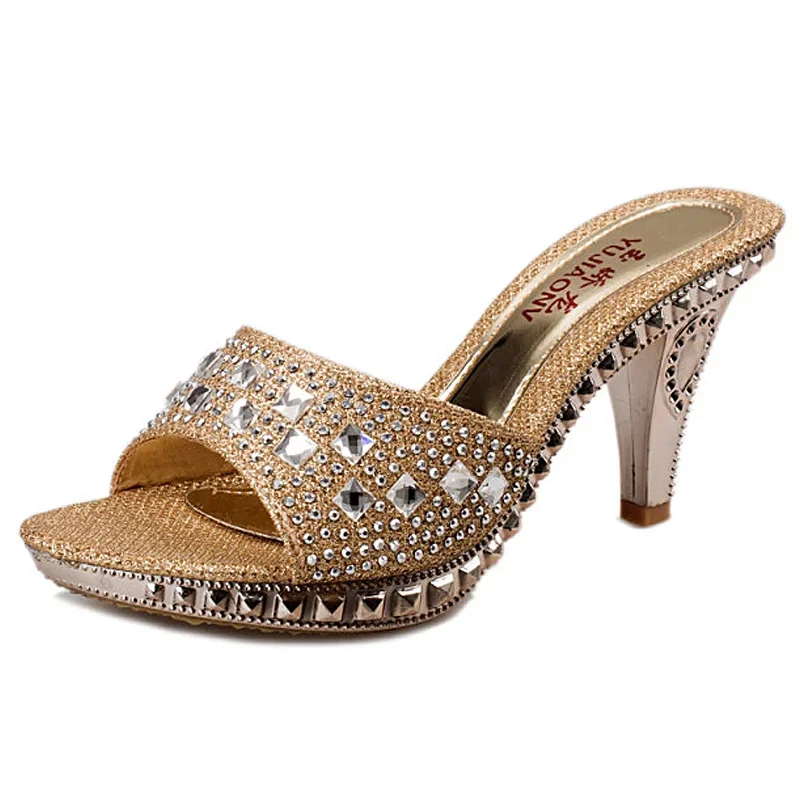 WDHKUN Spike Heels Women Pumps Sexy High Heels Women Crystal Party Women Shoes Gold Open Toe Ladies Shoes