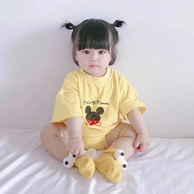 Desenhos animados do bebê recém-nascido Mickey Mouse macacão, meninos e meninas macacão, trajes infantis, bodysuits de manga curta, algodão, verão, 0-3t