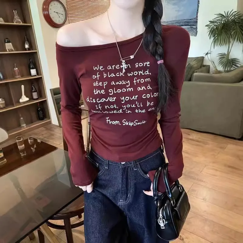 

Винтажная футболка Y2k с открытыми плечами и длинными рукавами, женская футболка с сексуальным буквенным принтом, базовый детский укороченный топ, женские корейские шикарные футболки Slim Fit