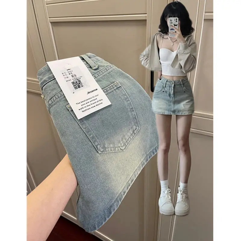 Vintage American Washed Denim Mini Skirt for Women High Waist and Slimming A-line Chic Design Y2K Hot Girl Shorts