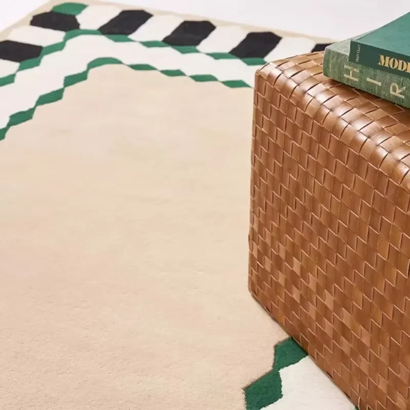 American Modern Style Handmade Custom Soft Green Geometry Pattern Raw Silk 13mm Thick Carpet for Living and Bedroom