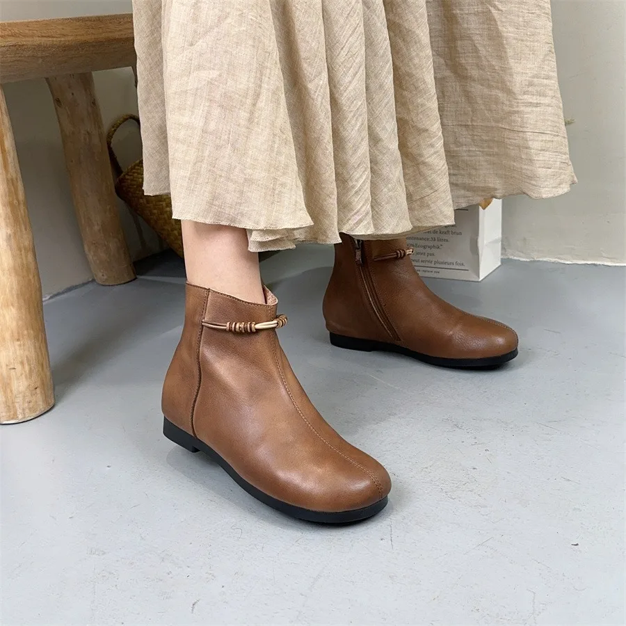 Birkuir Retro Women Ankle Boots Side Zip High Top Round Toe Low Heel Shoes Genuine Leather Luxury String Beads Short Boots image 3