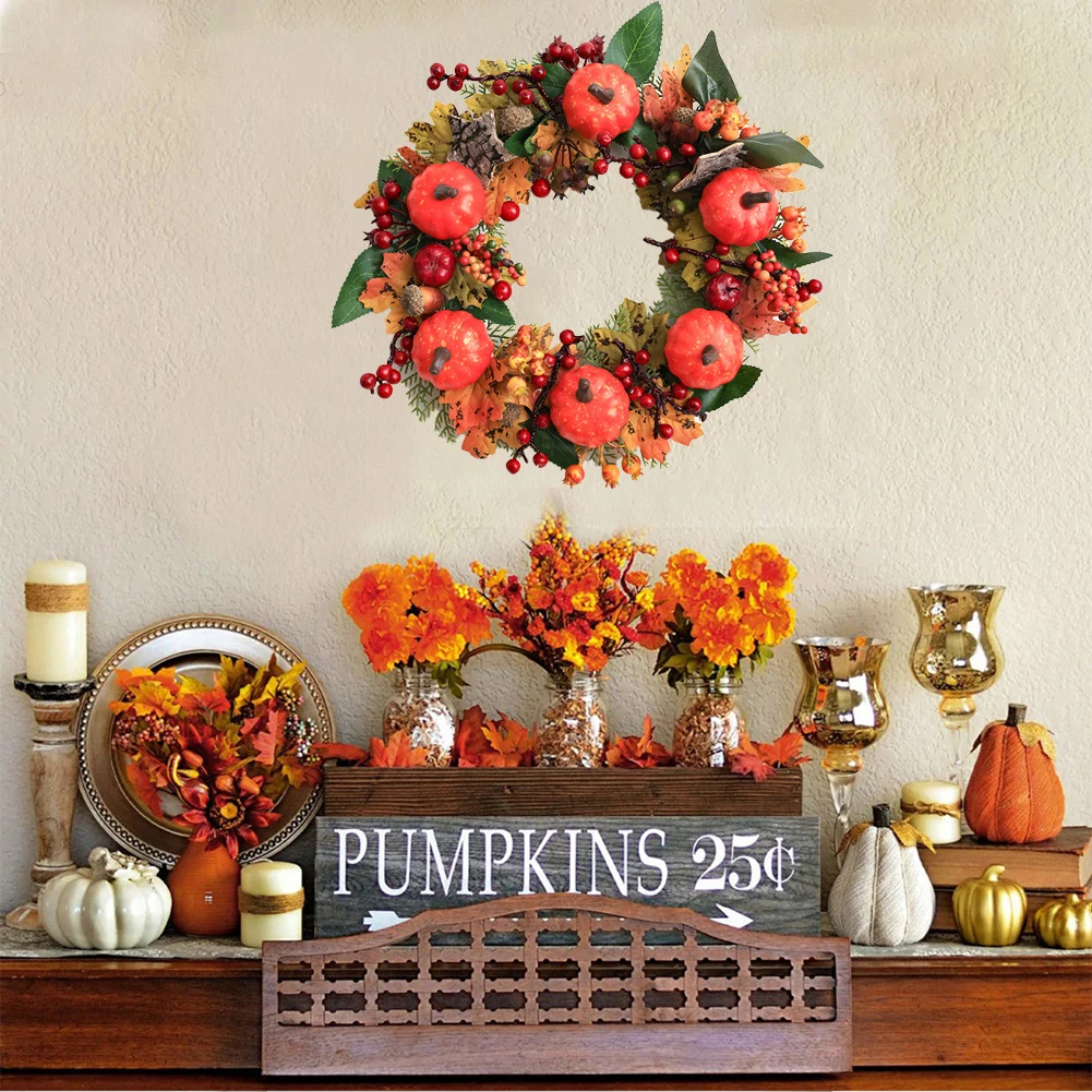 

Autumn Door Wreath Christmas Halloween Decoration Pumpkin Berry Pine Cone Maple Artificial Cloth Rattan Material Home Decoration