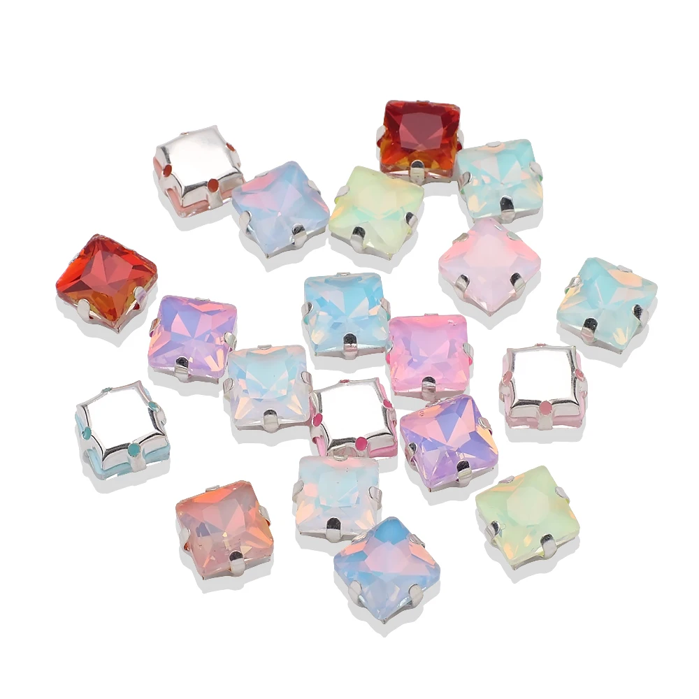 20Pcs/Lot 8mm Crystal Glass Square Gems Beads Flatback Silver Claw Rhinestone Crafts Jewelry DIY Making Garment Accessories