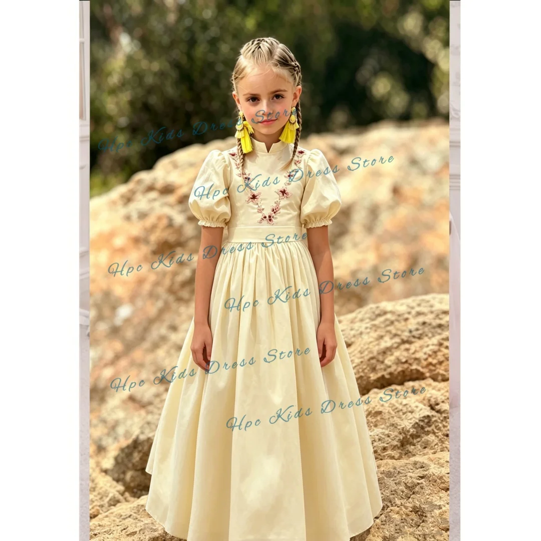 Custom Printed Embroidered Cotton and Linen Girls' Flower Girl Dress withVintage Puff Sleeves,  Princess Long Dress, Children's