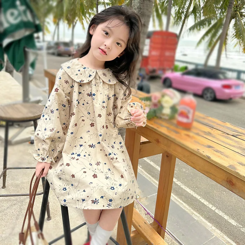 Spring Autumn 2-10T Baby Girls Clothes Toddler  Princess Children Girls Long Sleeves Floral Printed Dresses Clothes