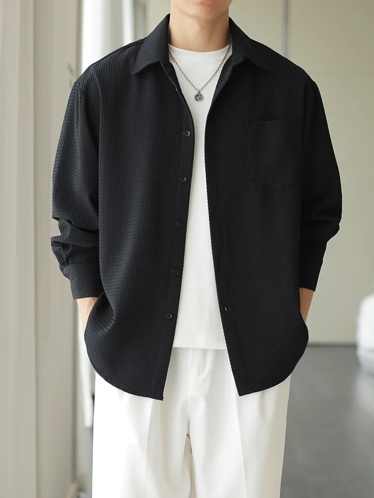 

Black Long Sleeve Shirt Jacket Men's Spring Autumn Trendy High-End Feeling Handsome Workwear Waffle Pattern Utility Upper App...