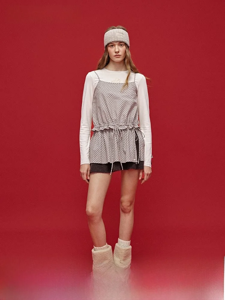 

Moonmoi Vintage Full Cotton Gingham Print Oblique Cut ter Dr Set Women's ort Casual Sport Suit Breathable Spring Coll...