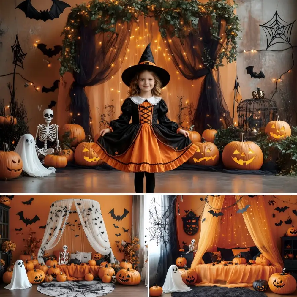Halloween Pumpkin Photography Backdrop Spider Web Bat Ghost Spooky Party Kids Birthday Baby Shower Background Decor Banner Props
