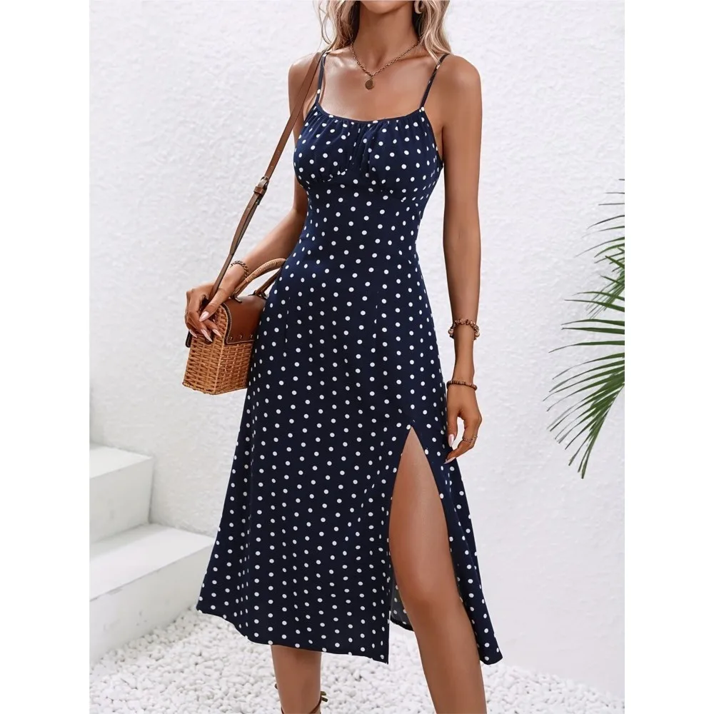 2024 Estate Sexy Cinghie di Spaghetti Vestito Delle Donne di Modo Polka Dot Stampa Senza Maniche Vestito A Spacco Boho Casual Spiaggia Abiti Midi