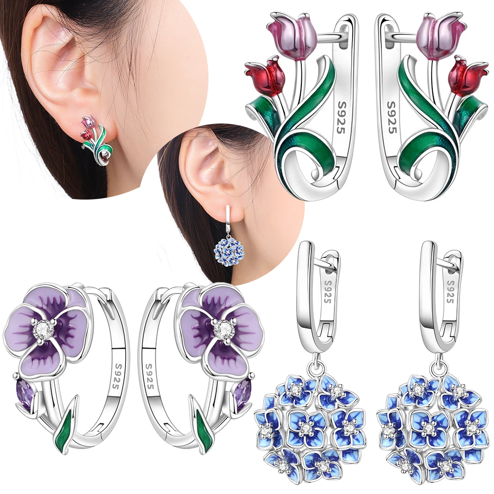 Purple Iris Flower Blue Hydrangea Flower Earrings Original 925 Silver Tulip Women's Accessories Gifts Valentine Gift Earring Set