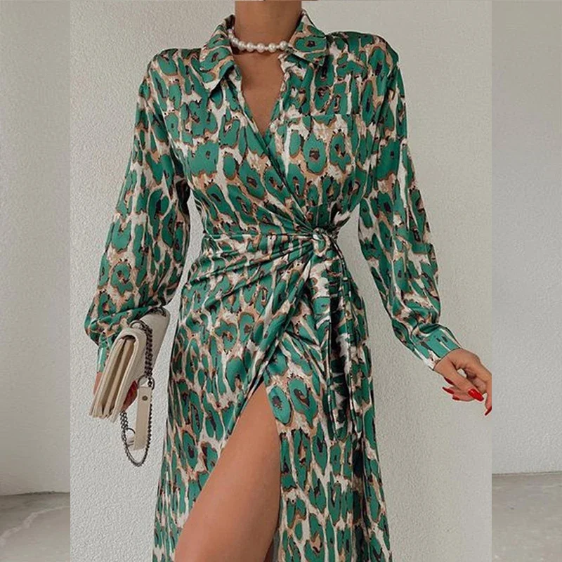 

Elegant Fashion Leopard Print Dress for Women Summer Dresses 2022 New Lace-up Full Sleeve Casual Slit Lace-up Midi Dress