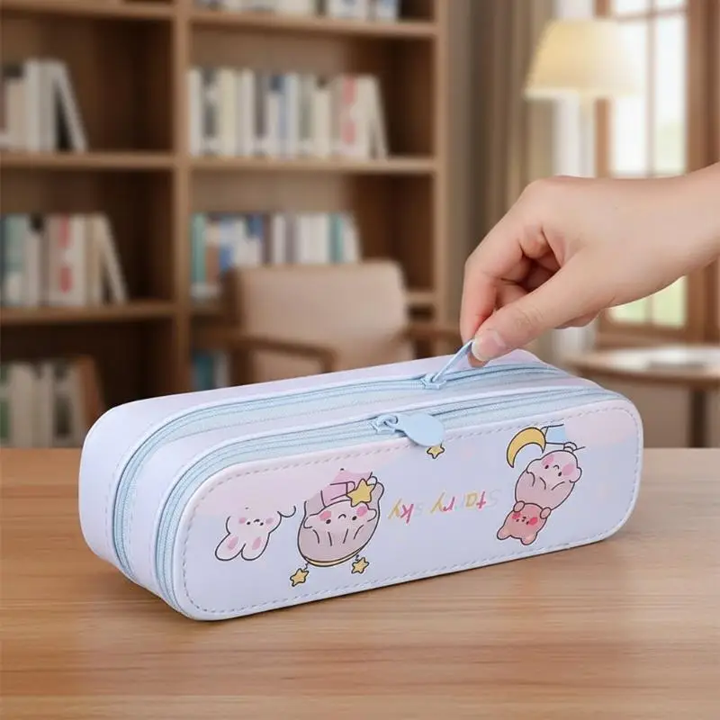 Cute Cartoon Pencil Case Double Layer Large Capacity Lovely Printed Durable Stationery Bag for Art Students