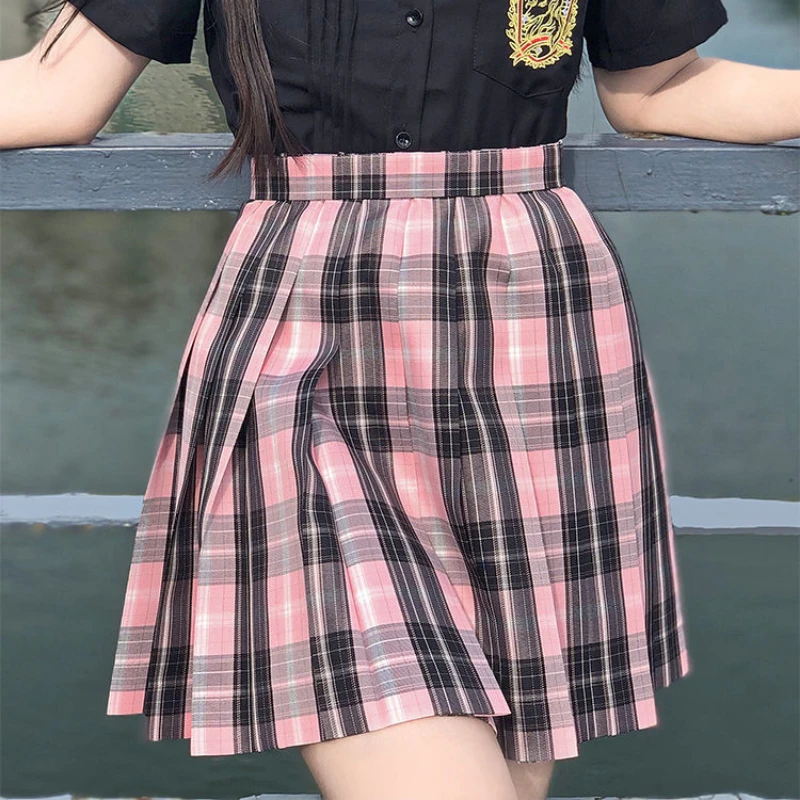 Japanese Preppy Style Sweet Plaid Skirts Women Gothic Pink Black High Waist Pleated Mini Skirt Kawaii Girls JK Uniform Harajuku