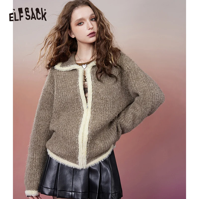 ELFSACK Y2K 2000s Zip Up Sweaters Women 2023 Winter Kawaii Designer Knitwears