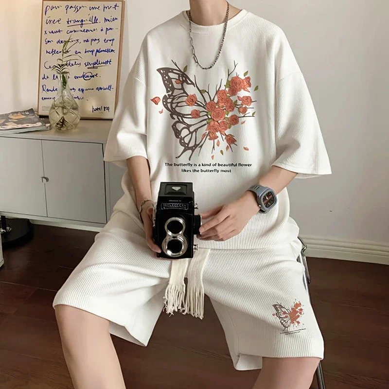 Vintage Gothic Rose Butterfly Y2K Two Piece Sets Summer Waffle Cotton Men Hip Hop Oversized Loose T-shirt and Shorts Pants Suits