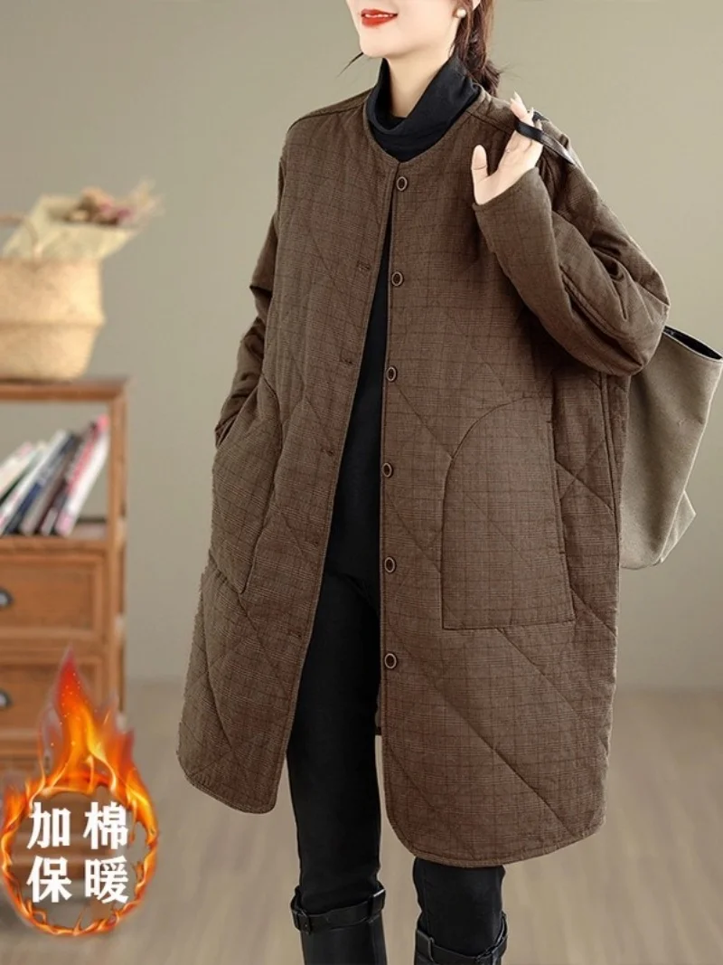

Retro Plaid Quilted Jacket Women Medium Long Cotton Padded Clothing Winter, Loose And Oversized, Thickening Warm Coat W1495