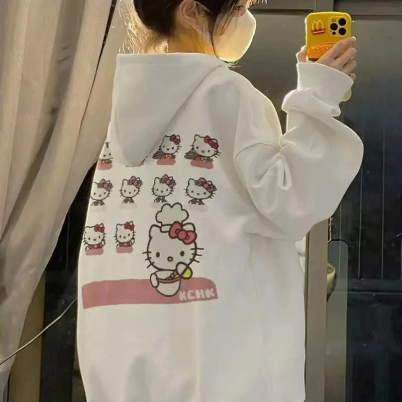 Y2K Women\'s Sweatshirt Cute Kawaii Sanrio Hello Kitty Pattern Hoodie Women\'s Korean Style Autumn and Winter New Warm Loose Top