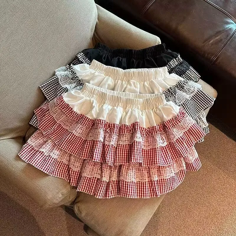 Sweet Pumpkin Plaid Skirt Chic Design Slim High Waist Lace Tierred Cake Skirt Age Reducing Kawaii Girl Lolita Summer New Clothes