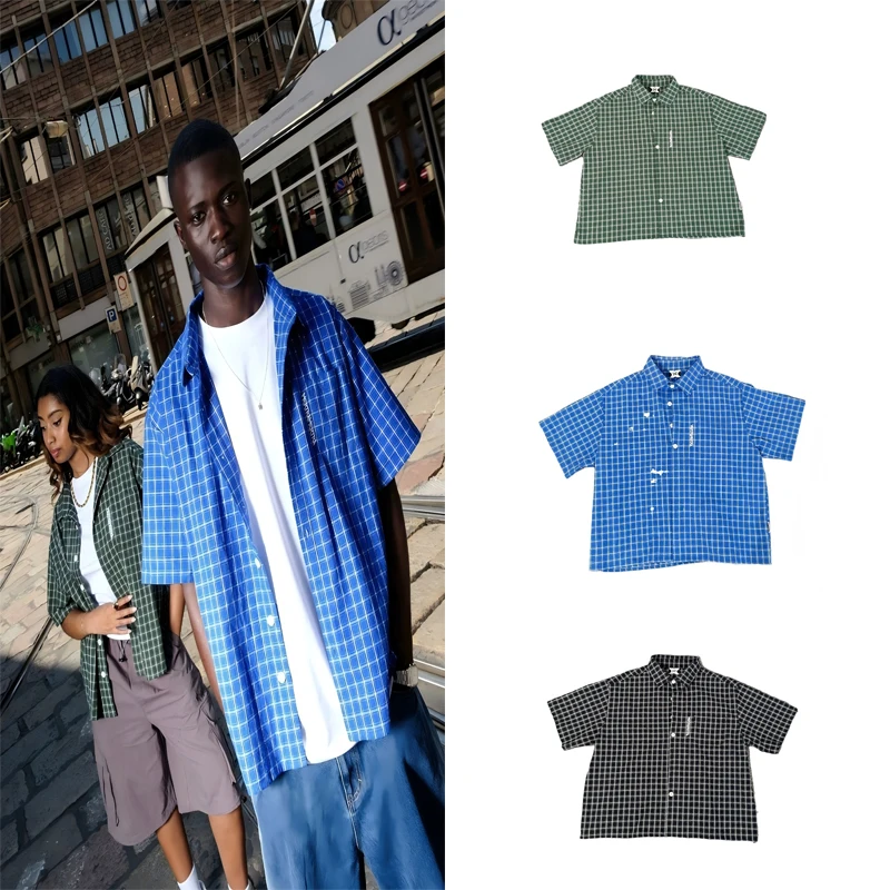 

Клетчатая рубашка Mertra с коротким рукавом, высокое качество, мужская и женская повседневная легкая V-образная рубашка, летняя футболка