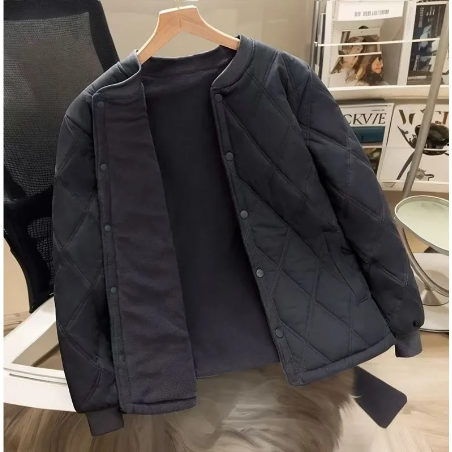 Quilted Coats for Women 2026 Autumn Stand Collar Chic Single-breasted Jacket Ladies Solid with Pockets Cotton Coat