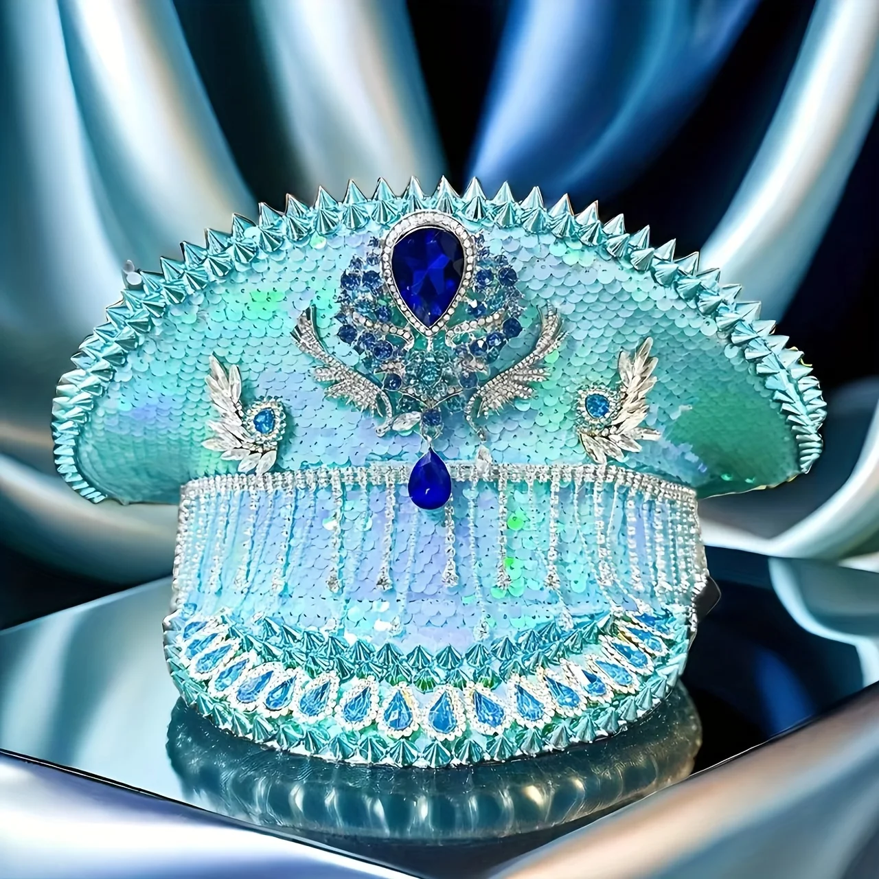 Burning Man unisex decoration Rivet Blue gemstone willow nail large beadle hat sequin hat sea world Blue Halloween Hat Outdoor