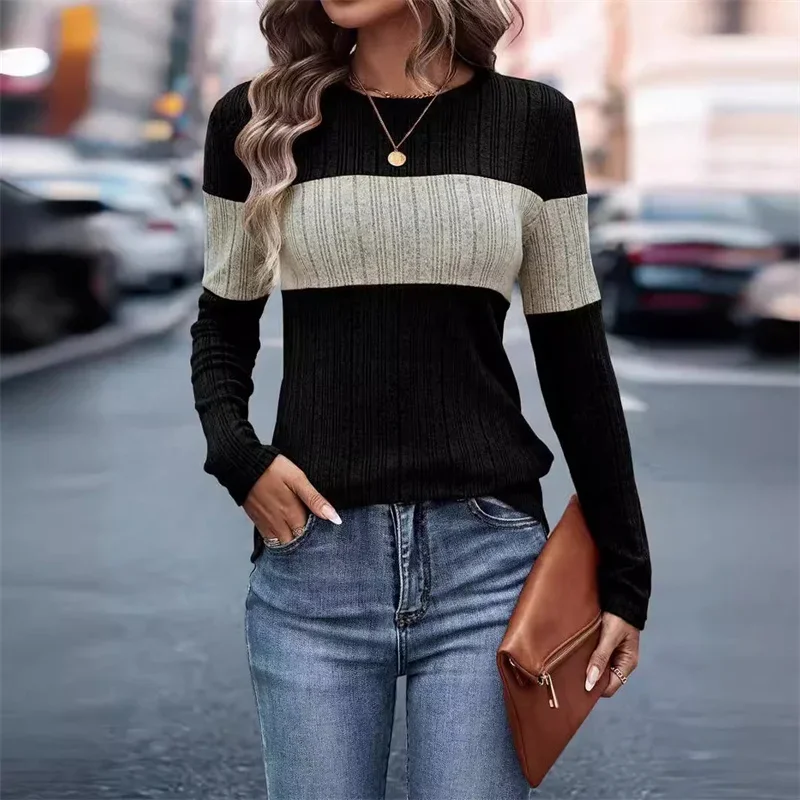 Spring Autumn Colour Blocking Pitted Stripes Long Sleeve T-Shirt Women O Neck Pullover Tops Female Daily Comfortable Casual Tees