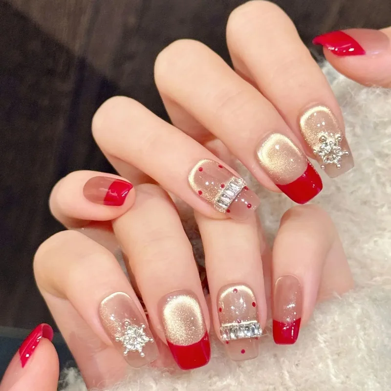 

10 шт. Накладные ногти ручной работы, короткие, в форме балетки, с блестками цвета шампань, в корейском стиле, простой дизайн