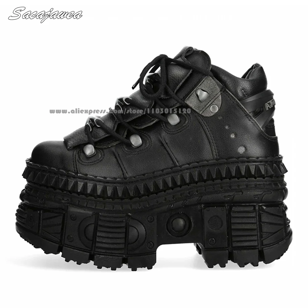 Koe splitleer metalen klinknagel dikke hak coole laarzen punkstijl front veterschoenen motorlaarzen ronde neus platform casual laarzen