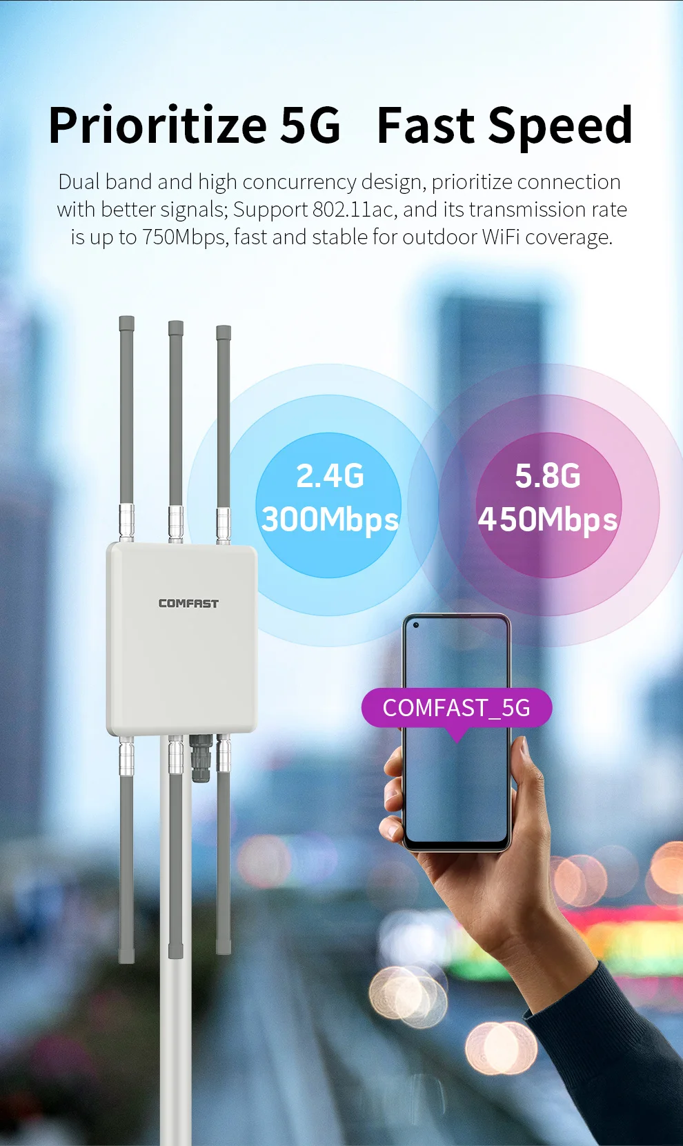 Imagem -02 - Comfast-repetidor sem Fio de Longo Alcance Ponto de Acesso Wifi ao ar Livre Estação Base à Prova Dágua Ip67 ap 750mbps 2.4g 5.8ghz Antena 360 °