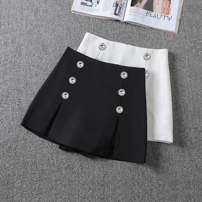 

High Waist A-Line Skirt for Women with Double Row Buttons And Bla Rhinestones Slimming Split ort Skirt Pants