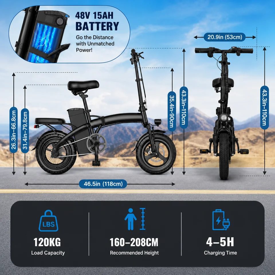 Folding Electric Bike for Adults, 500W Motor 48V 15Ah Removable Battery, 20MPH 35KM Range, 14" Fat Tire Commuter E-Bike with Dual Shock Absorbers & Disc Brakes image 5