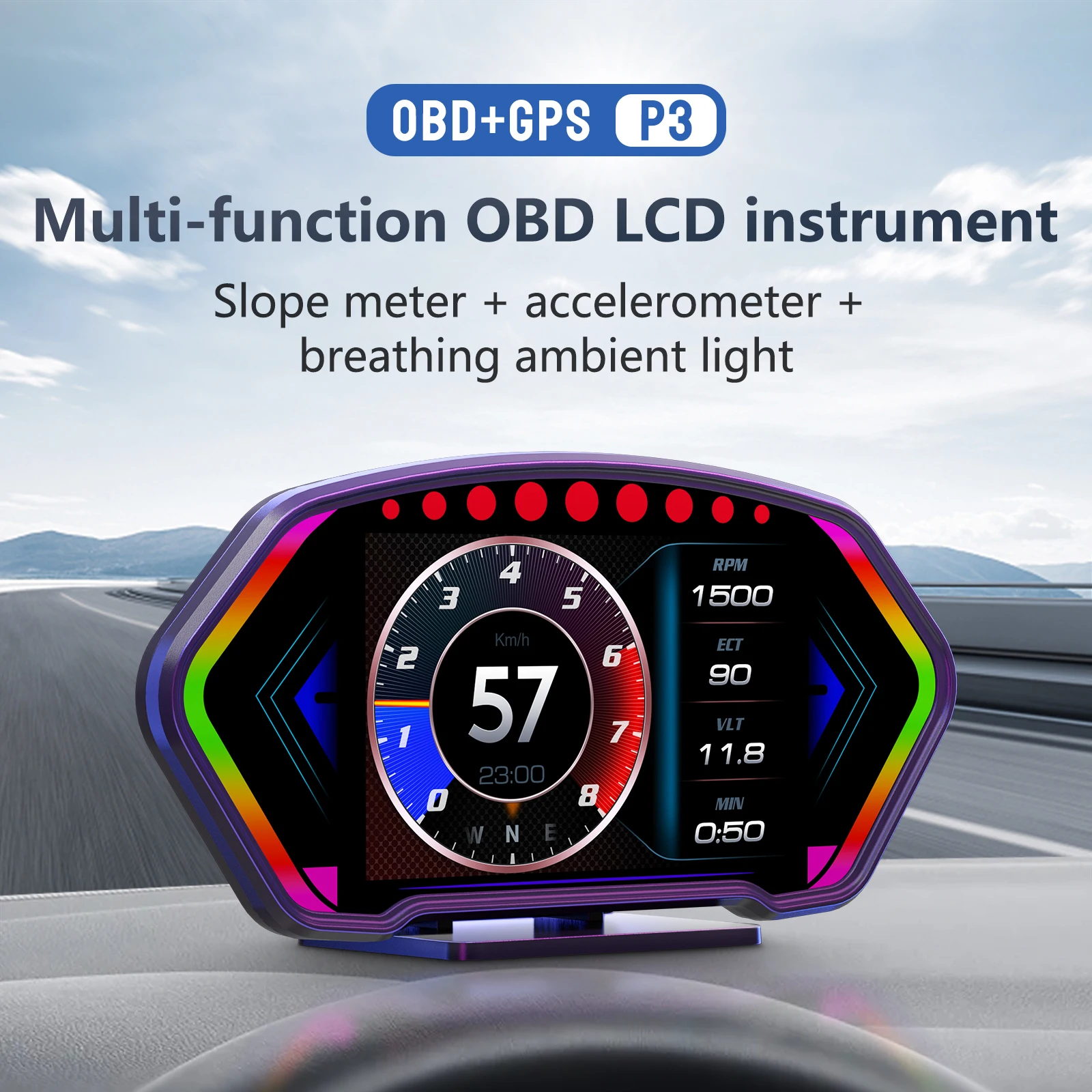 Custom P3 HUD OBD2 GPS Head Up Display Slope Meter Inclinometer Car Speedometer Water Temp Volt RPM Alarm HUD On-board Computer