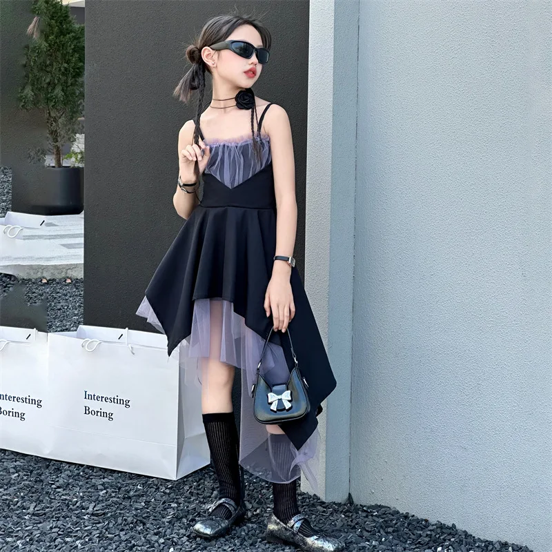 

2024 New Baby Girls Dress Sleeveless Summer Cosplay Costume for Girls with Irregular Hemline Mesh Patchwork Black Princess Dress