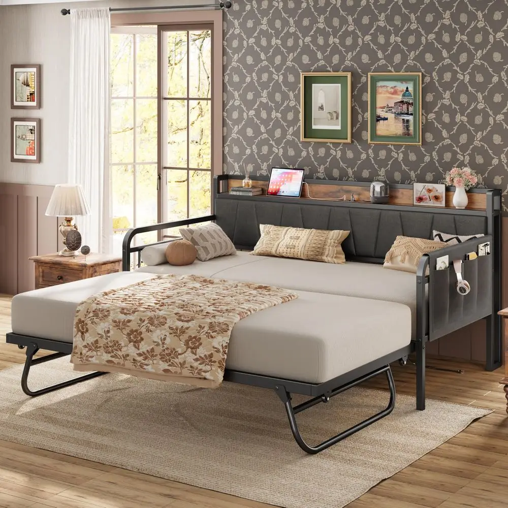Twin XL Daybed, Day Bed with Trundle, Storage Upholstered Headboard and Charging Station, Trundle Bed with Strong Supports for