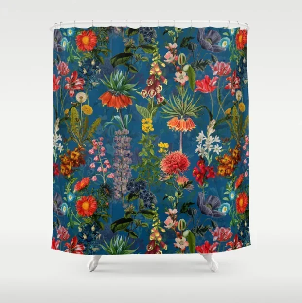 Vintage & Shabby Chic Blue Midnight Spring Botancial Flower Garden Shower Curtain Waterproof Bathroom Decor Shower Curtains