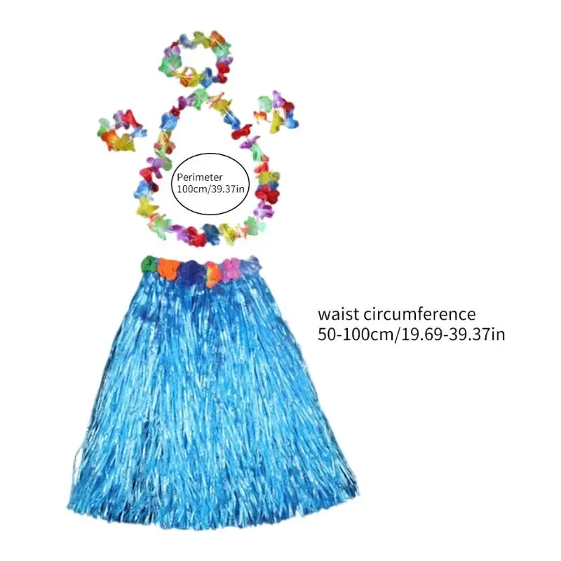 652F 5-teiliges Hawaii-Luaus-Hulas-Grasrock mit Blumenkostüm-Set, Blumenarmbänder, Stirnband, Halskette für Damen und Mädchen