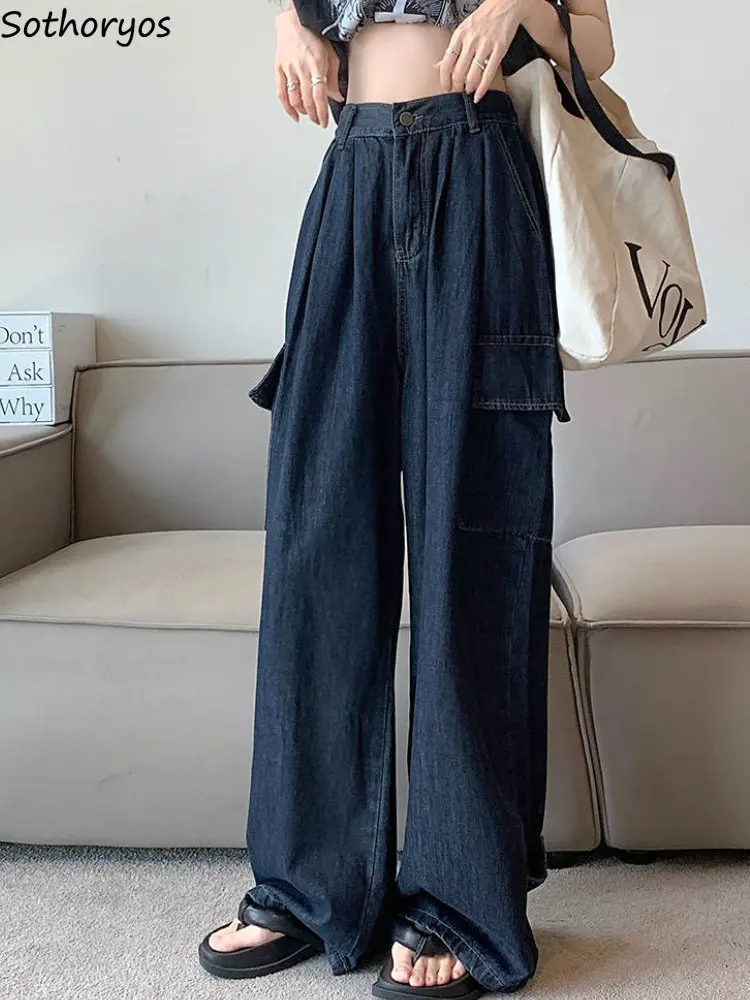 

Safari Style Loose Wide Leg Jeans Women High Waist Denim Distressed BF Pockets Students Vintage Streetwear Simple Chic Ins Daily