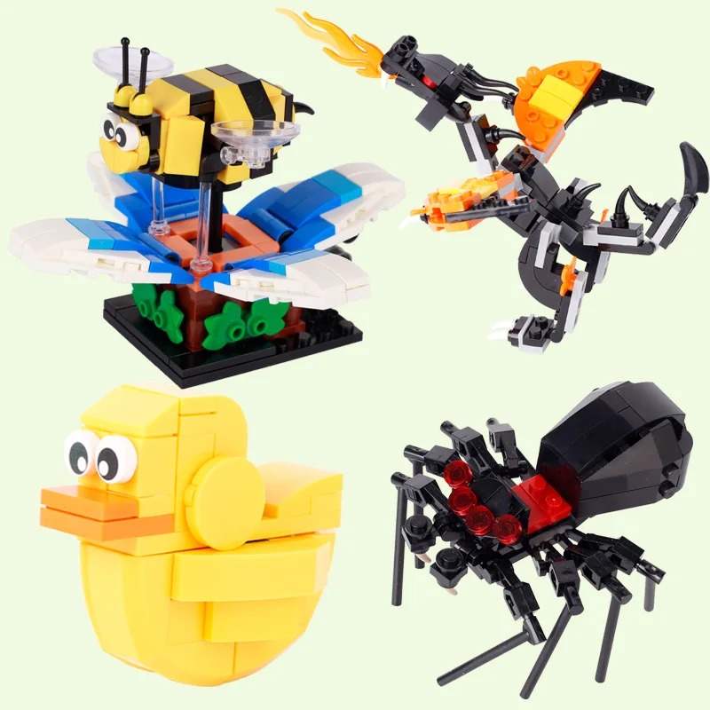 MOC-Conjunto De Blocos De Construção De Animais, Criativos Tijolos Modelo Pequeno, Animal Selvagem, Pato, Abelha, Aranha, Sapo, Presentes De Dia Das Bruxas