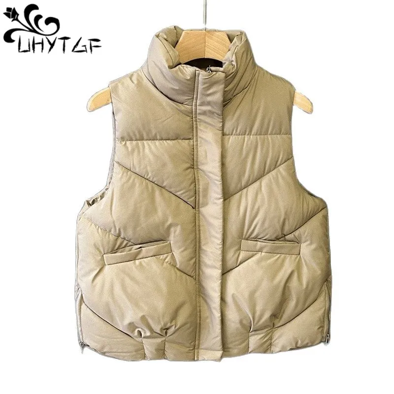 

UHYTGF Autumn Winter Down Cotton Vest Women Casual Warm Zipper Sleeveless Jacket Female Short Parkas Coat Ladies Waistcoat 430