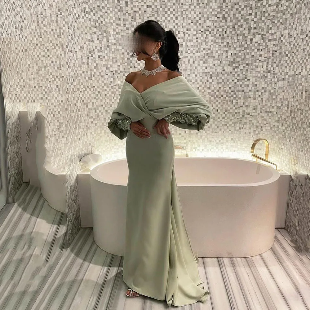 Msikoods Bodycon Trumpet Evening Dresses Silk Satin Customized Long Sleeves Saudi Arabia Prom Gown Women For Wedding Party