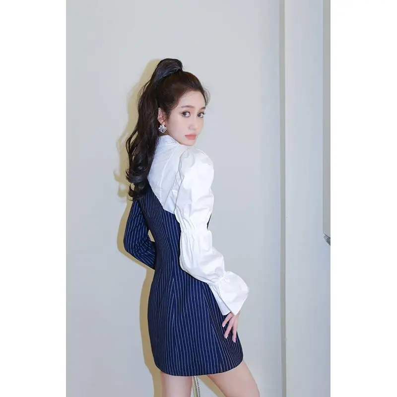 Korejepo Early Autumn New Niche Striped Splicing Fake Two Pieces French Temperament Commuter Dating Elegant A Word Suit Dress