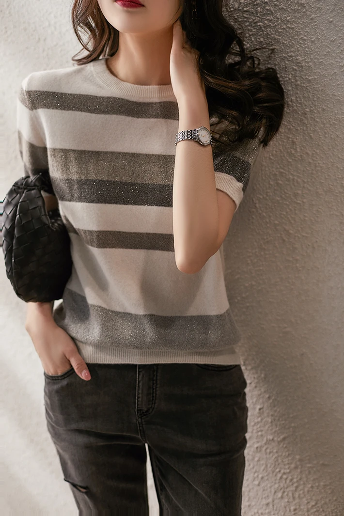 Summer New Sle Women's Ice Silk T-irt Stripe ort Sve Knitted Loose Slim round Ne Pure Cotton Thin Top Commute Sle