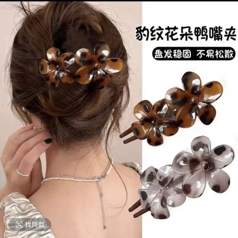 Grampo de Bico de Pato com Estampa de Leopardo Tamanho Grande para Coque de Cabelo Grosso Grampo de Cabeça