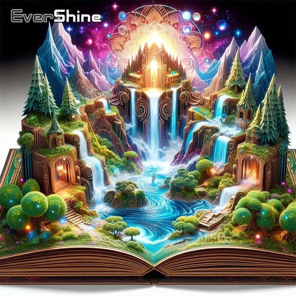 EverShine Diamond Painting Landschaftsbild, vollflächig, quadratische Stickerei, Wasserfall-Motiv, Strass-Mosaik, Schloss-Wanddekoration