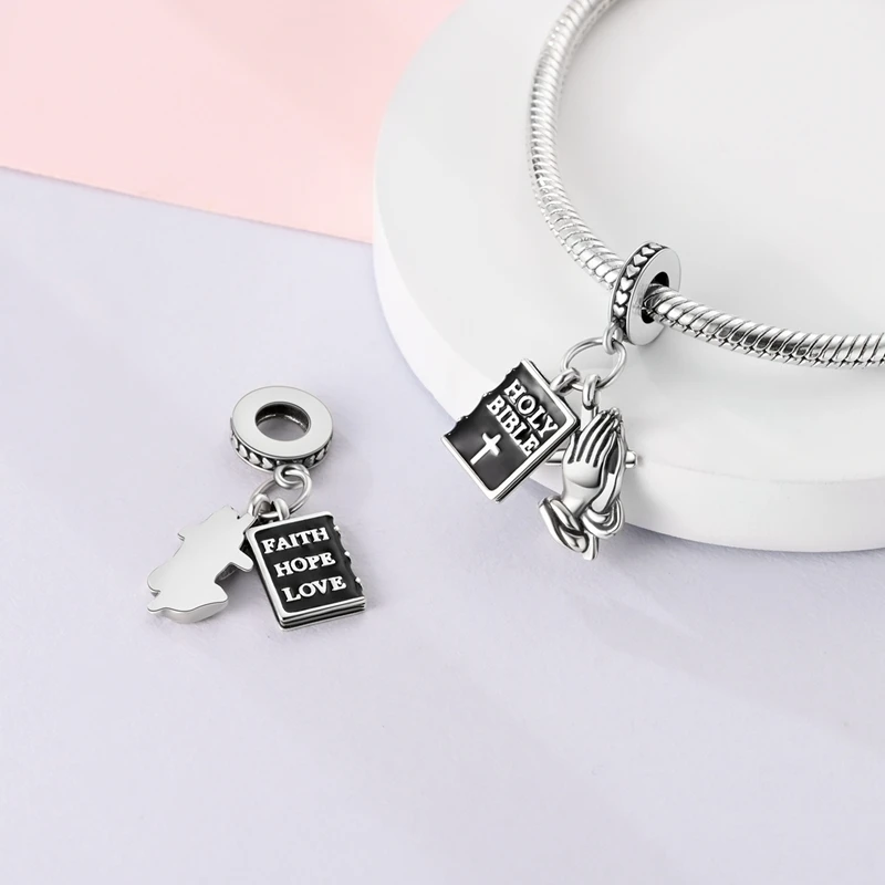 New Cute 925 Sterling Silver Bible and Prayer Hand Charm Pendant Fit DIY Women's Bracelet Necklace Jewelry Gift Accessories