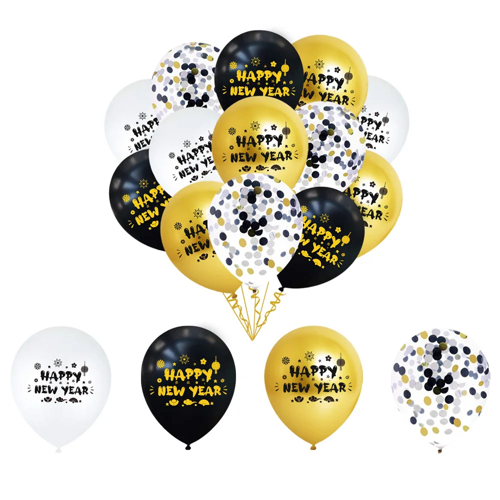 Balloon Set with Sequins, Chinese Element, Auspicious Cloud, Ingot Fan, Black and White, Golden, Happy New Year, 16 PCs/Set