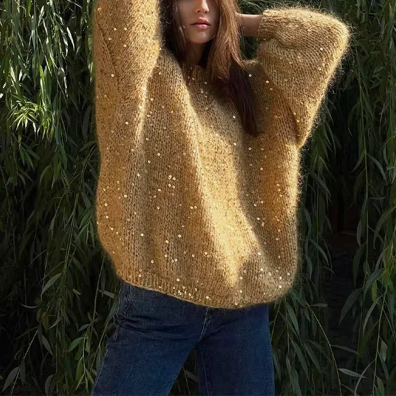 Fashion Sequined Mohair Sweater Women\'s New Loose O-neck Lantern Long Sleeve Glitter Knitted Pullover Sweater Streetwear